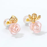 Pink Crystal Rose Bee and Leaf Zircon Silver Stud Earrings